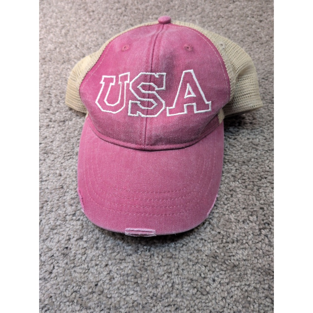 Adams USA Trucker Hat Red Tan Distressed Mesh Snapback Baseball Cap OL102